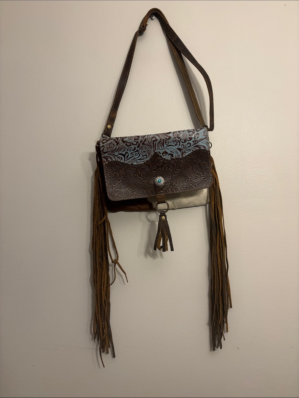 Myra Bag Brown and Light Blue Tooled Leather Fringe Crossbody